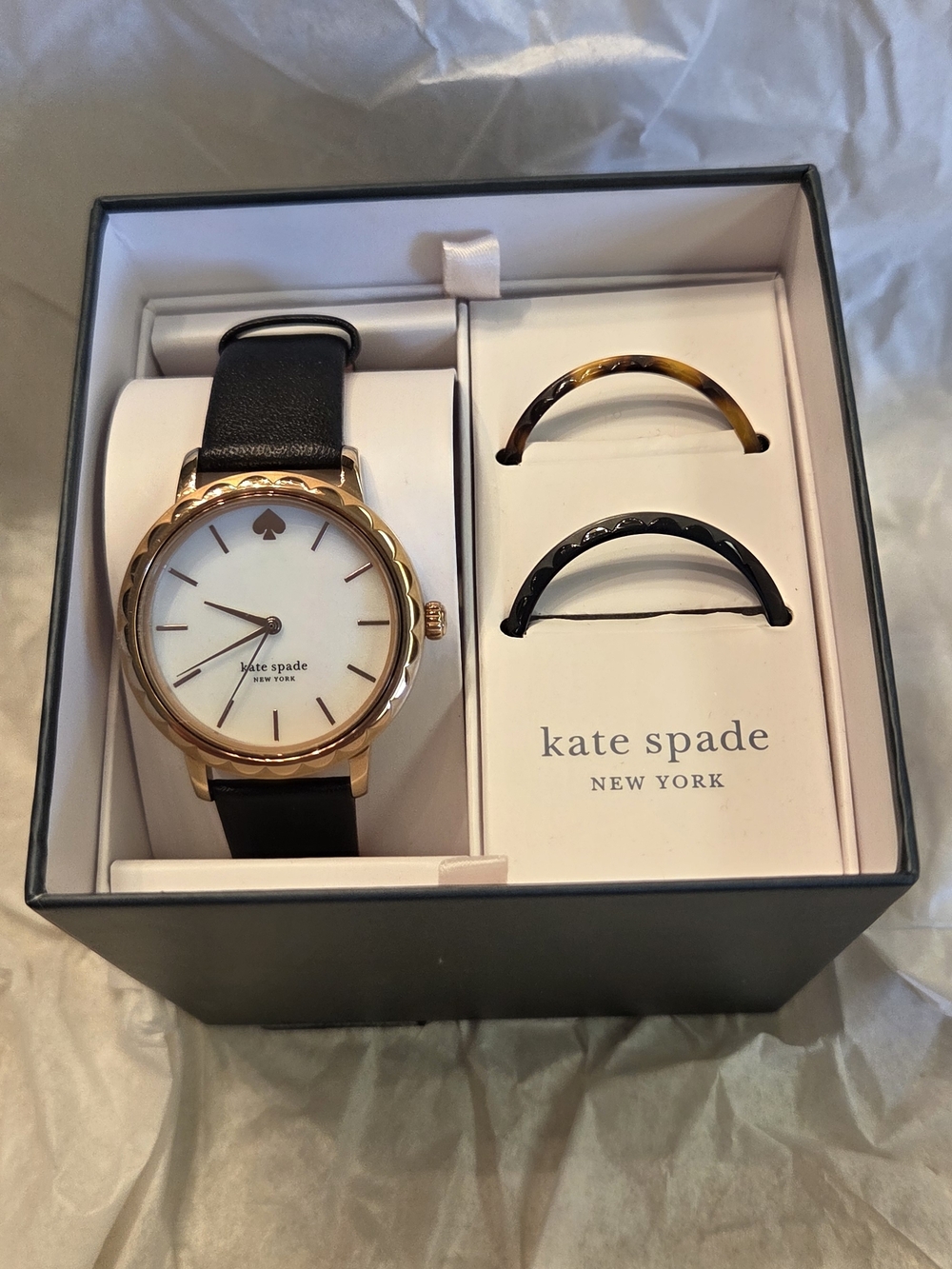 kate spade Gold Case Watch with Black Leather Strap and Changable Bezels